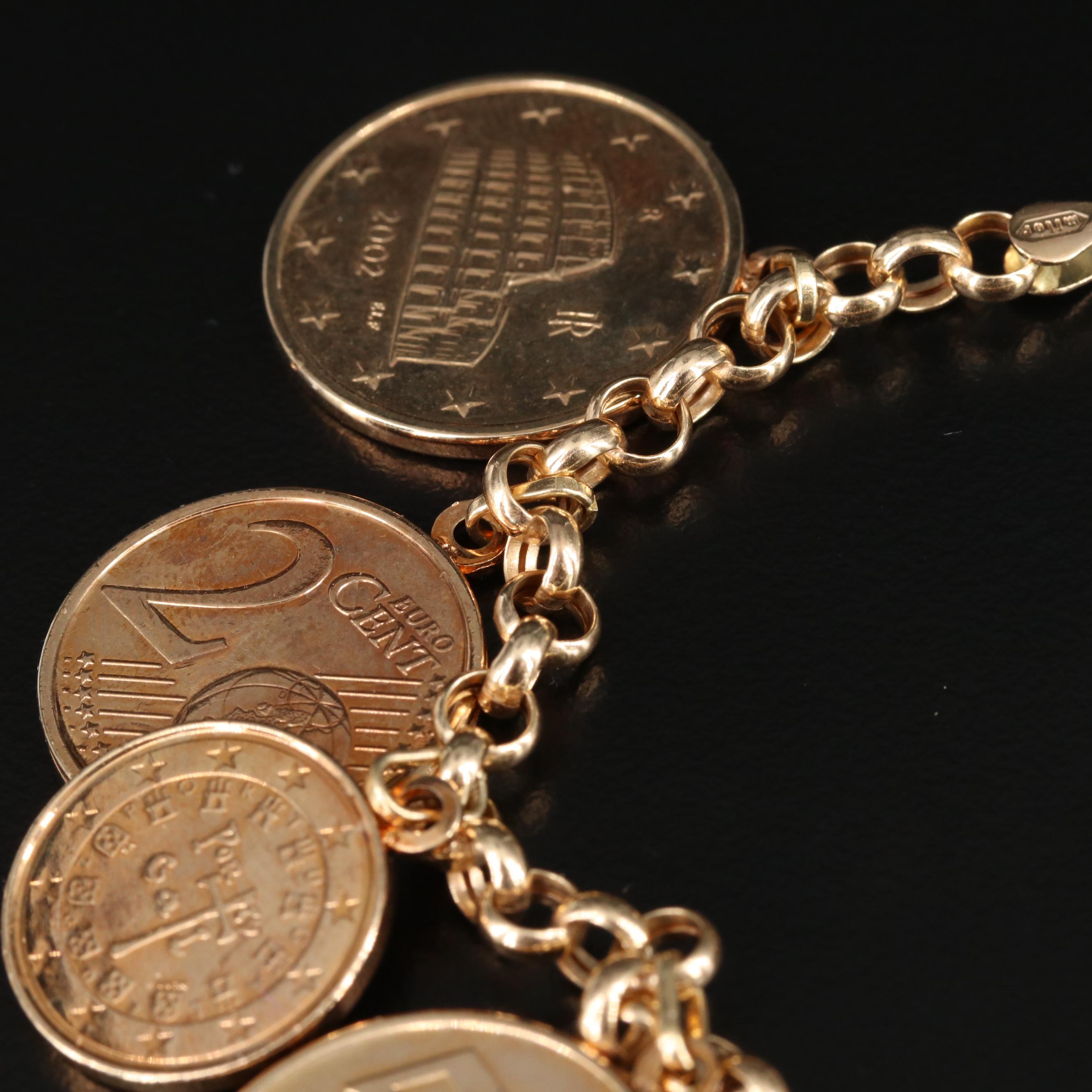 14K Yellow Gold Rolo Chain Bracelet Featuring Euro Coin Charms