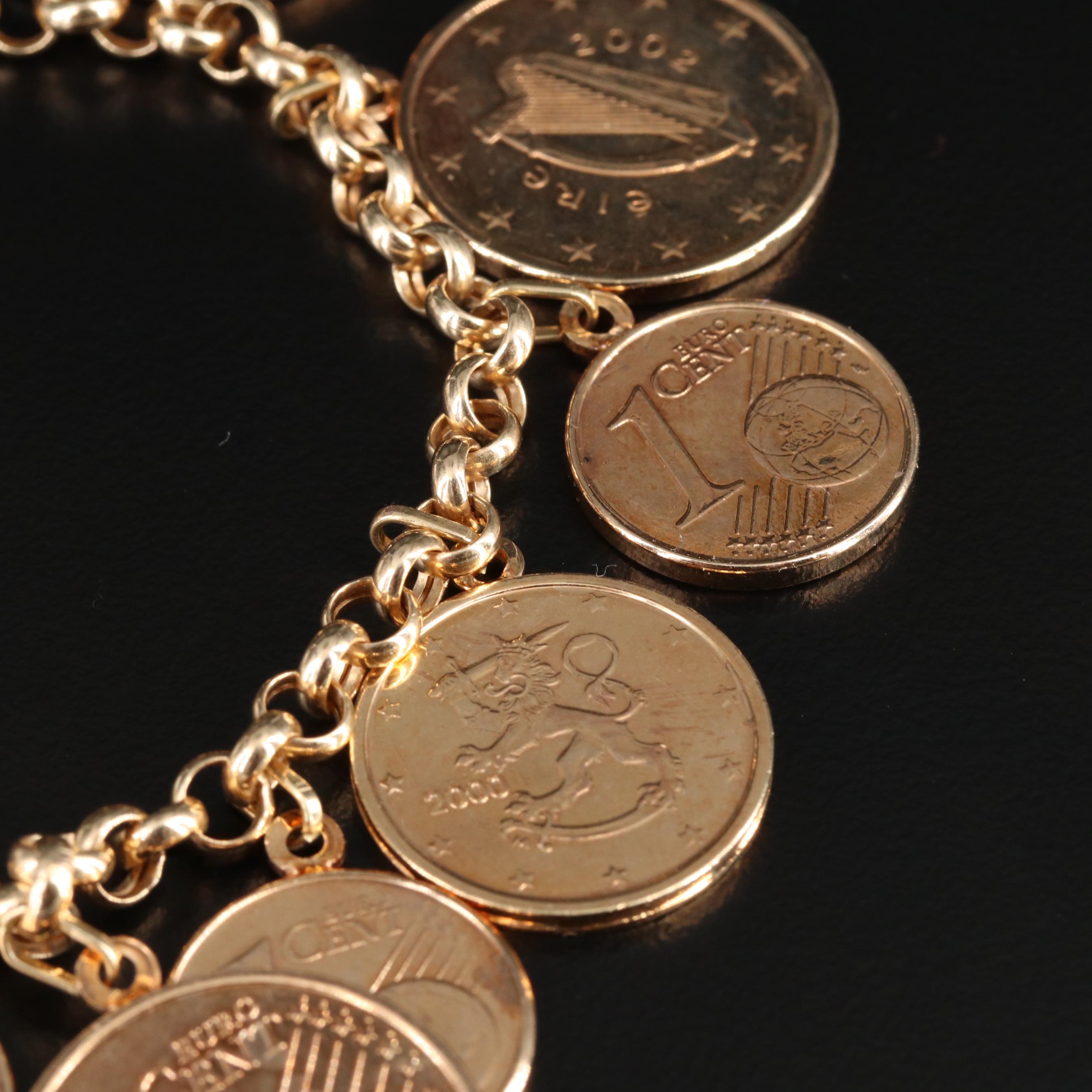 14K Yellow Gold Rolo Chain Bracelet Featuring Euro Coin Charms