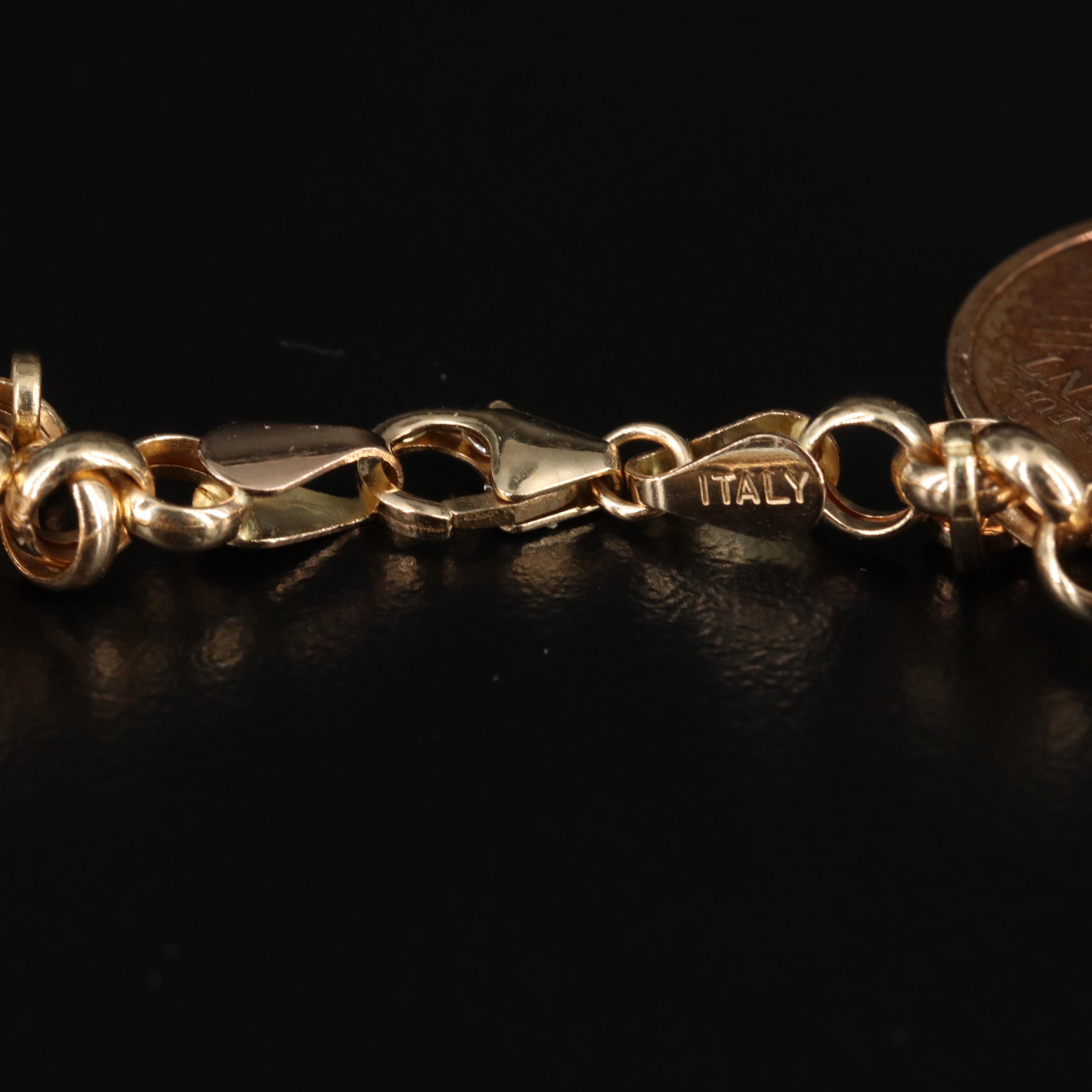 14K Yellow Gold Rolo Chain Bracelet Featuring Euro Coin Charms