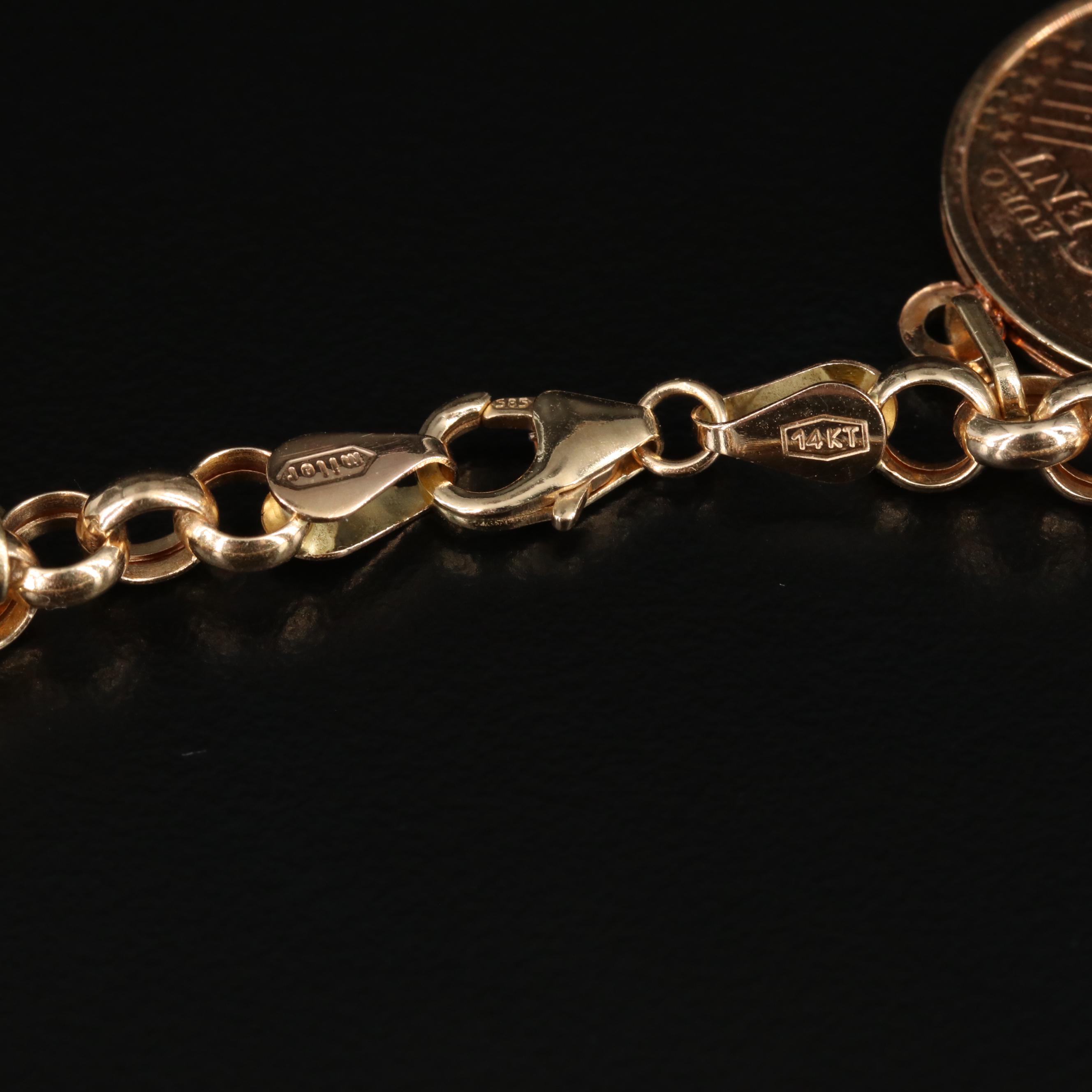 14K Yellow Gold Rolo Chain Bracelet Featuring Euro Coin Charms