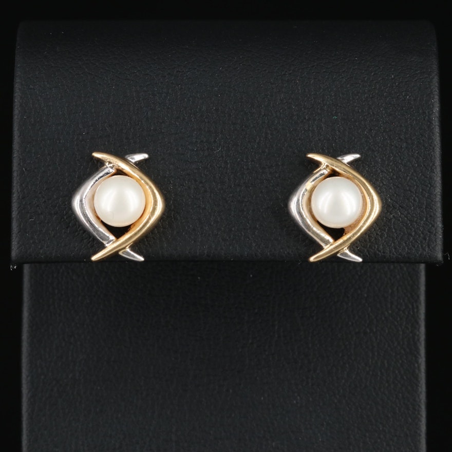 Albert David 14K Yellow and White Gold Cultured Pearl Earrings