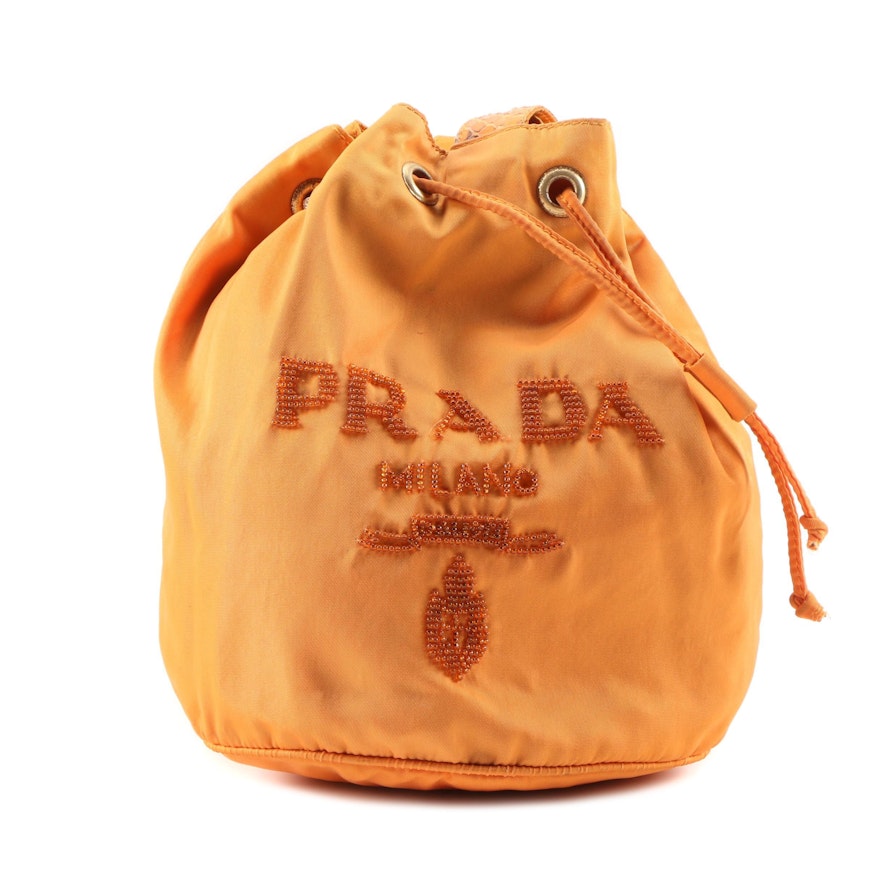 Prada Orange Tessuto Nylon and Python Snakeskin Small Beaded Bucket Bag