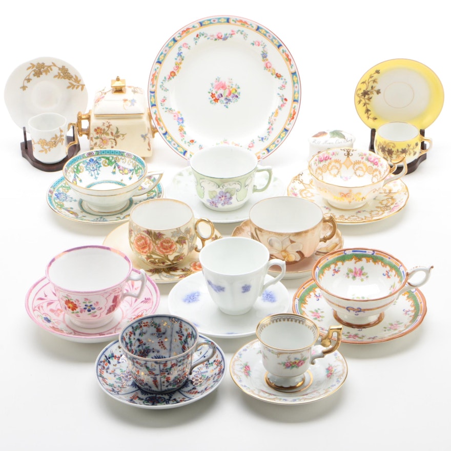 European Teacup and Saucer Collection Including Minton, Coalport, and More