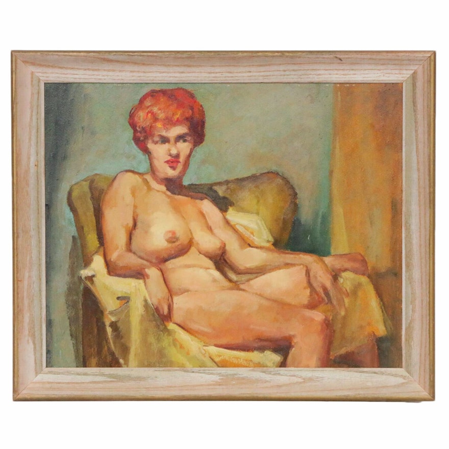 Seated Female Nude Oil Painting, Mid to Late 20th Century