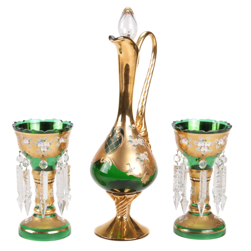 Murano Style Hand Blown Glass Footed Decanter and Lustres, Early 20th Century