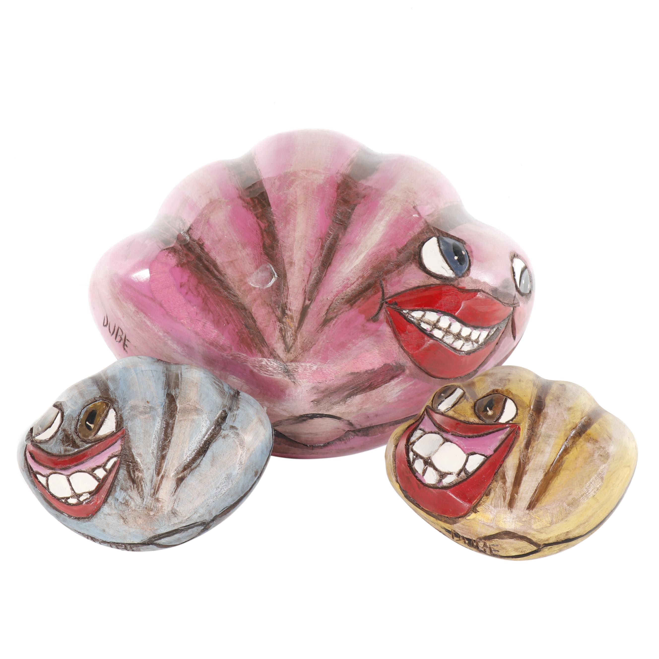 Hand-Painted and Carved Wood Folk Art Clamshell Sculptures