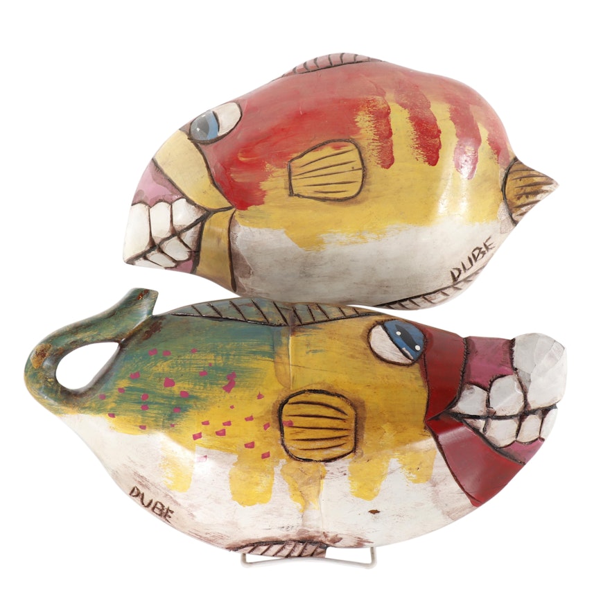 Hand-Carved and Painted Folk Art Fish Sculptures