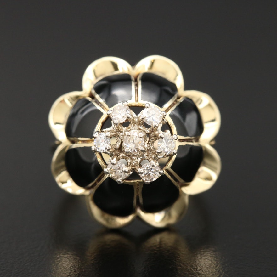14K Yellow Gold Diamond Dome Ring with Enamel Accents