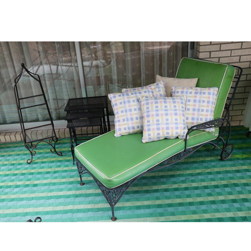 Wrought Iron Chaise Lounge, Nesting Tables and Display Shelf, Mid-20th Century
