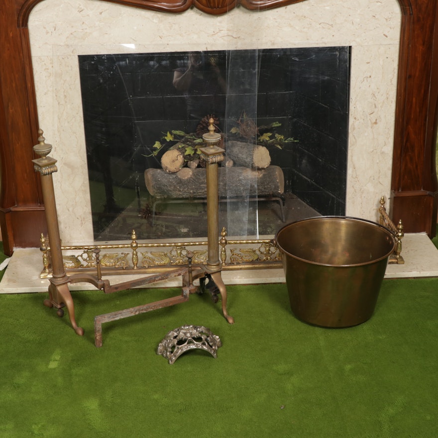 Brass Fireplace Fender, Andirons, and Bucket with Cast Metal Mantel Ornament