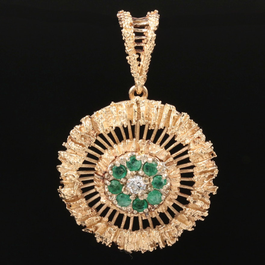 Vintage 14K Yellow Gold Diamond and Emerald Openwork Pendant