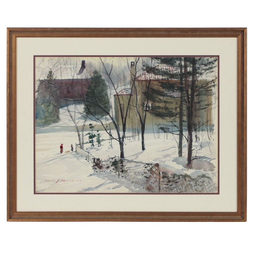 Edmond J. Fitzgerald Watercolor Painting of Winter Scene