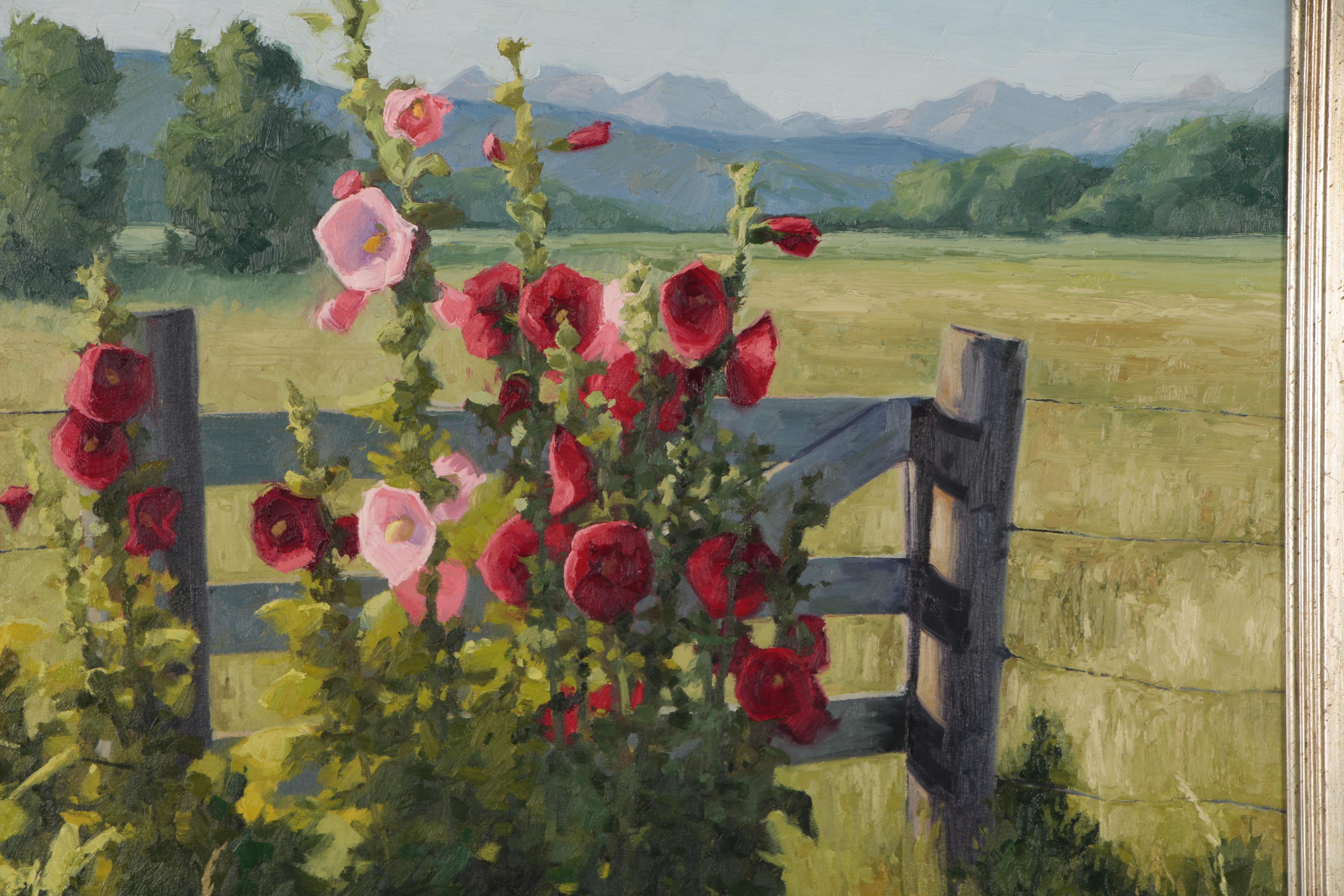 Shirley Novak Oil Painting "Hollyhocks by the Posture Gate"