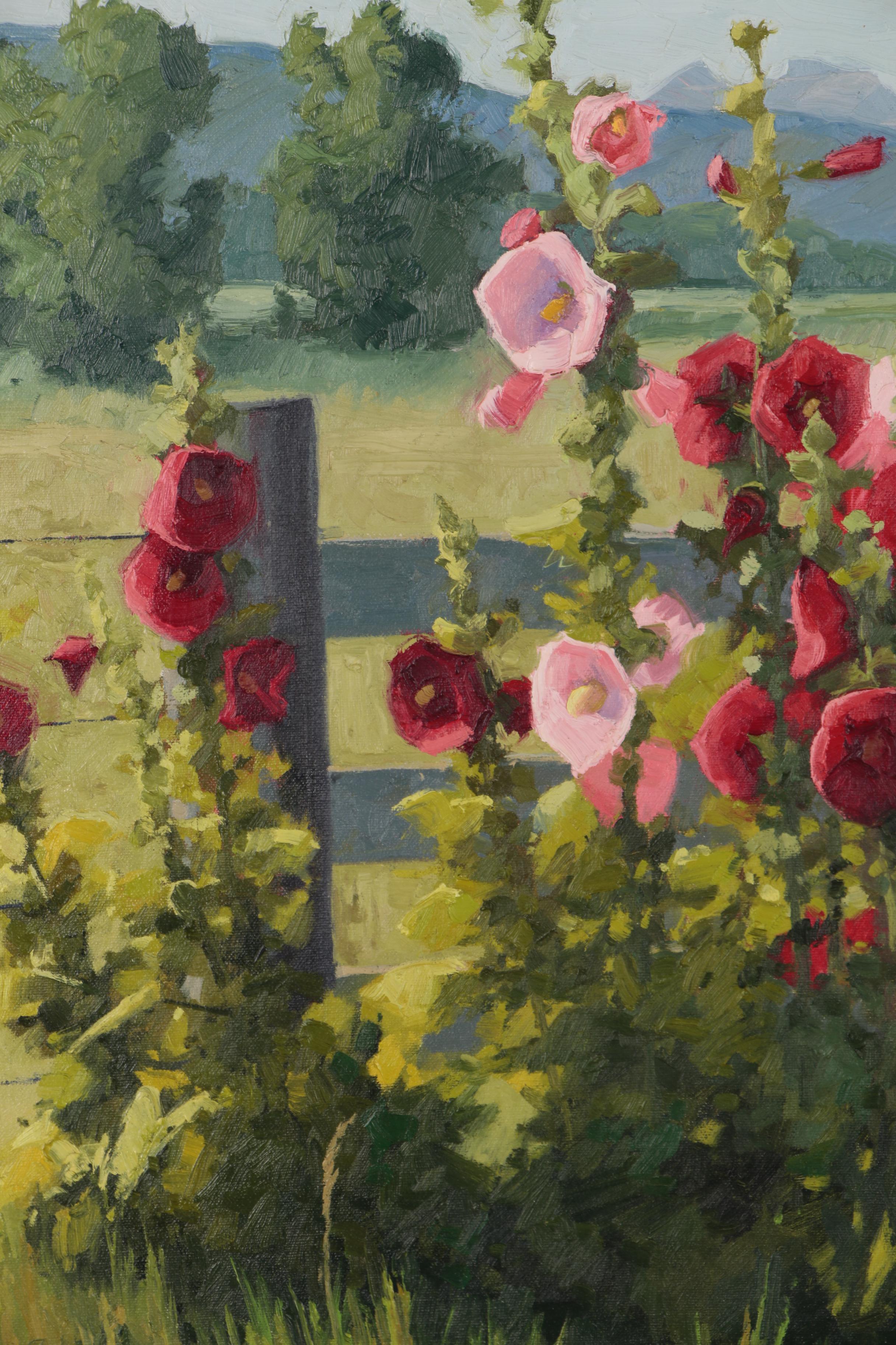 Shirley Novak Oil Painting "Hollyhocks by the Posture Gate"