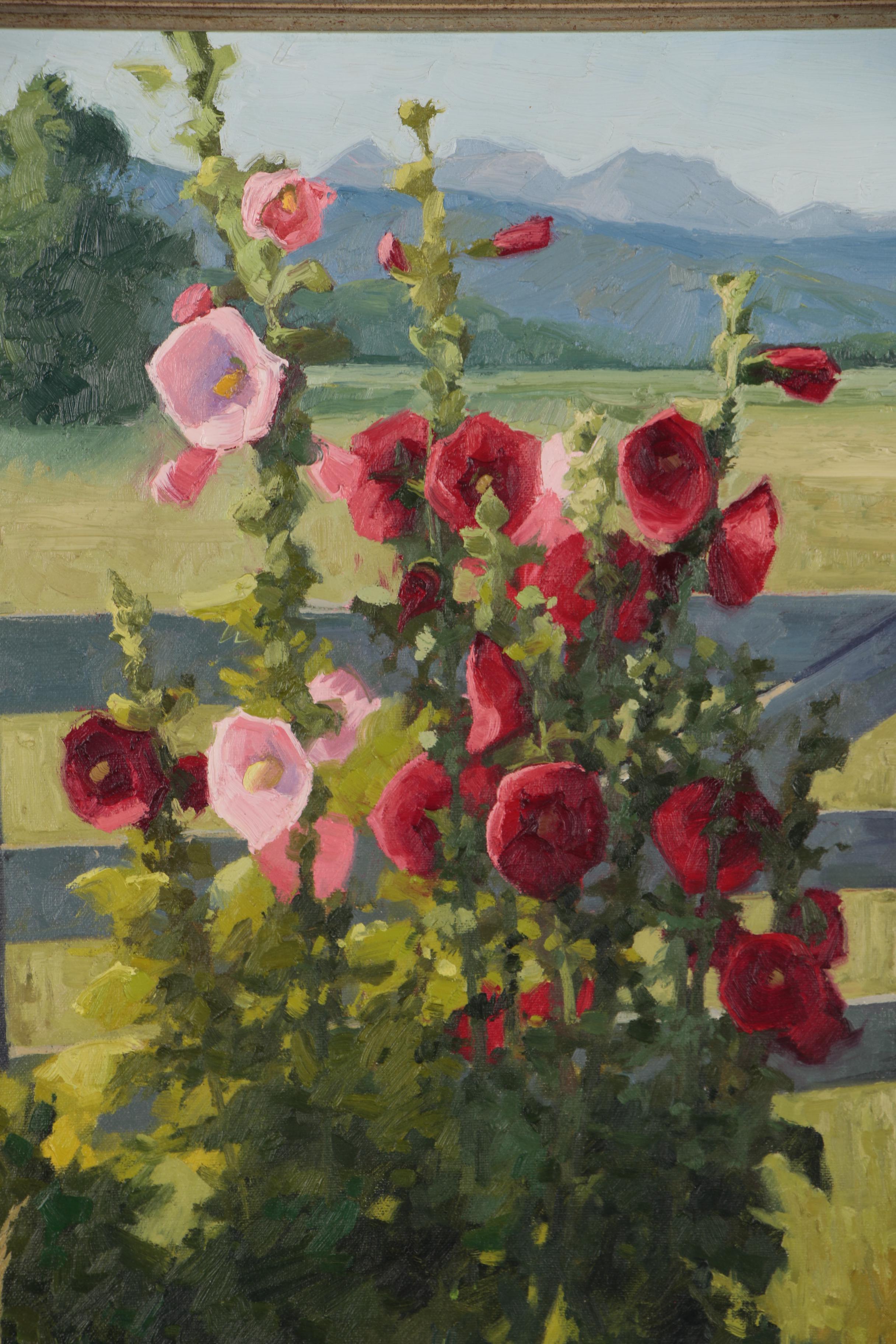 Shirley Novak Oil Painting "Hollyhocks by the Posture Gate"