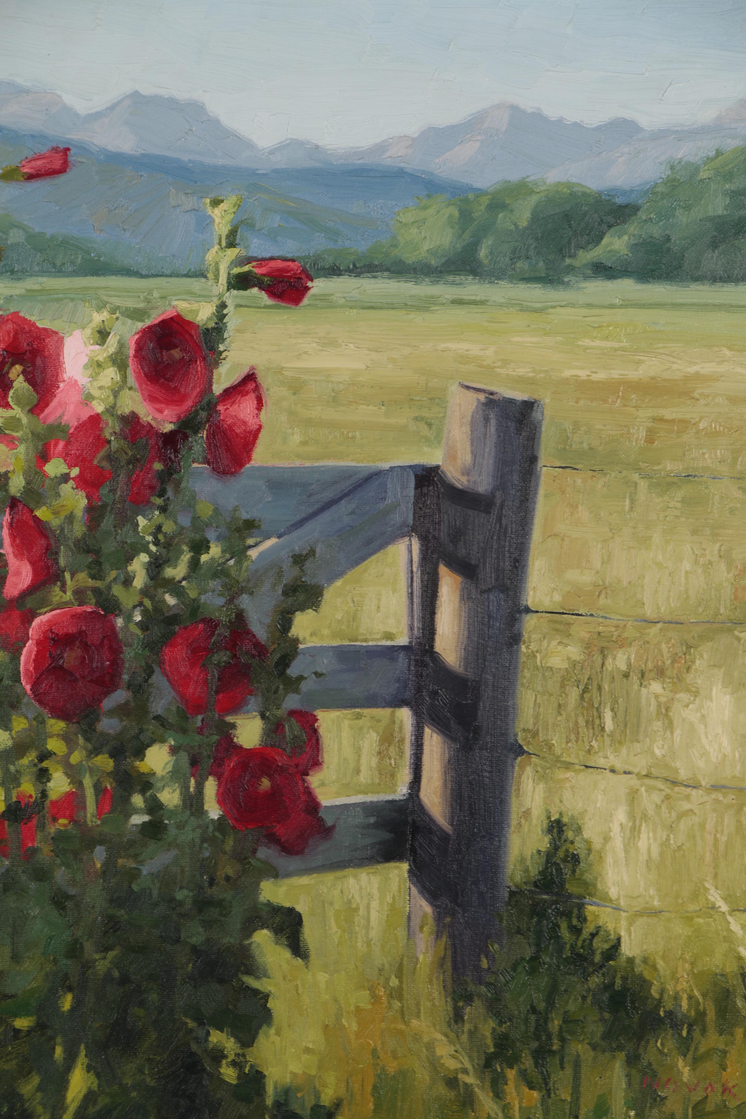 Shirley Novak Oil Painting "Hollyhocks by the Posture Gate"