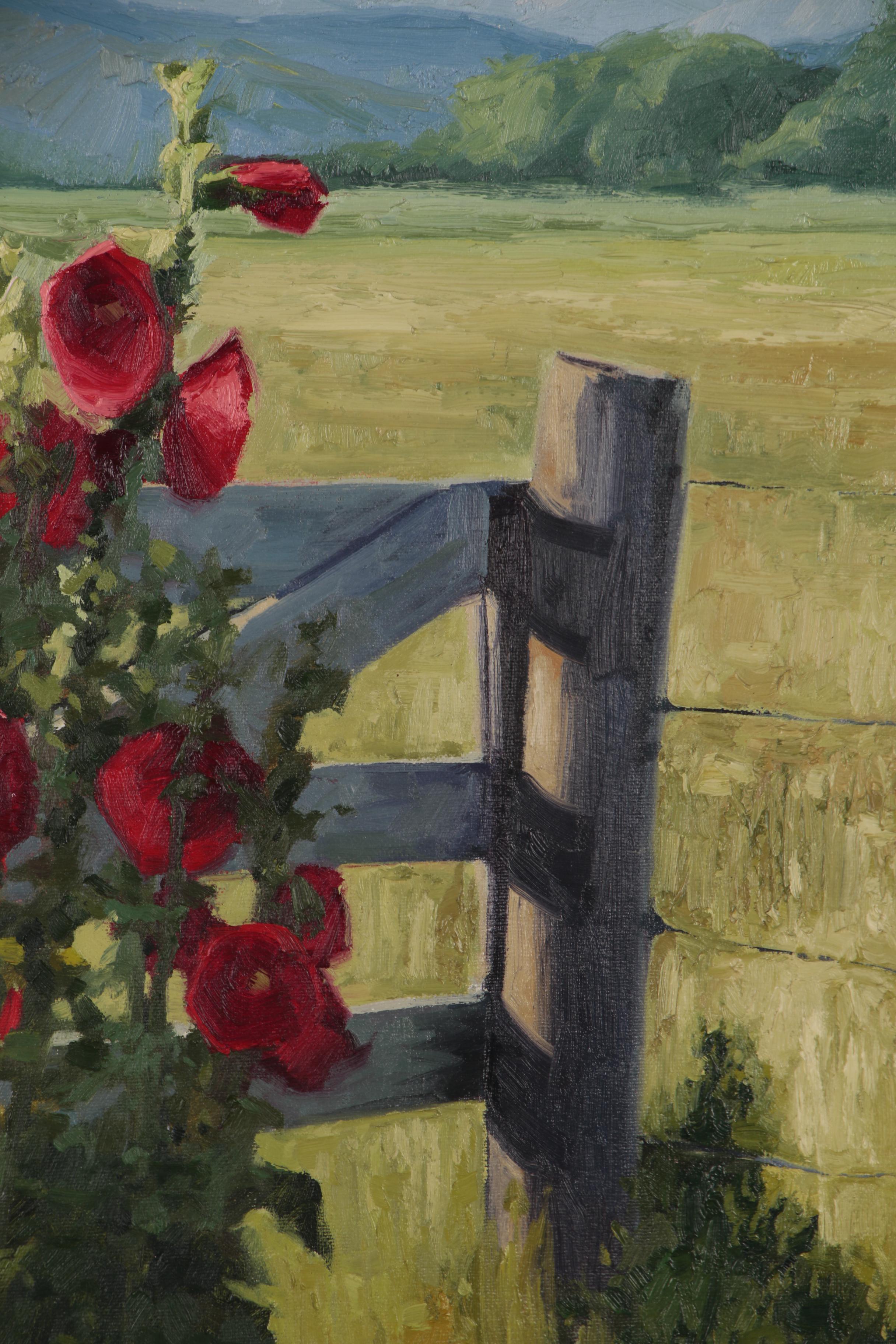 Shirley Novak Oil Painting "Hollyhocks by the Posture Gate"