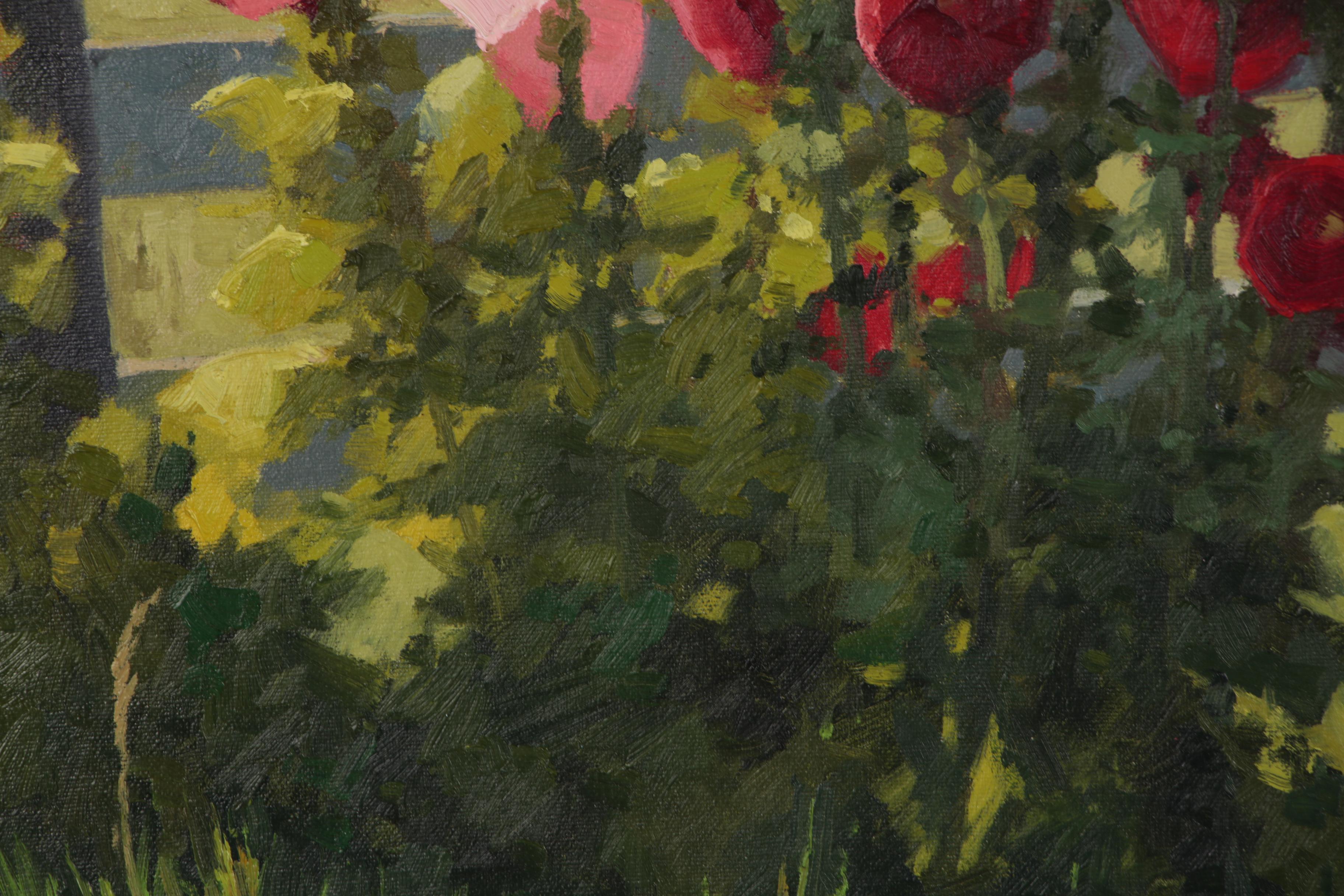 Shirley Novak Oil Painting "Hollyhocks by the Posture Gate"