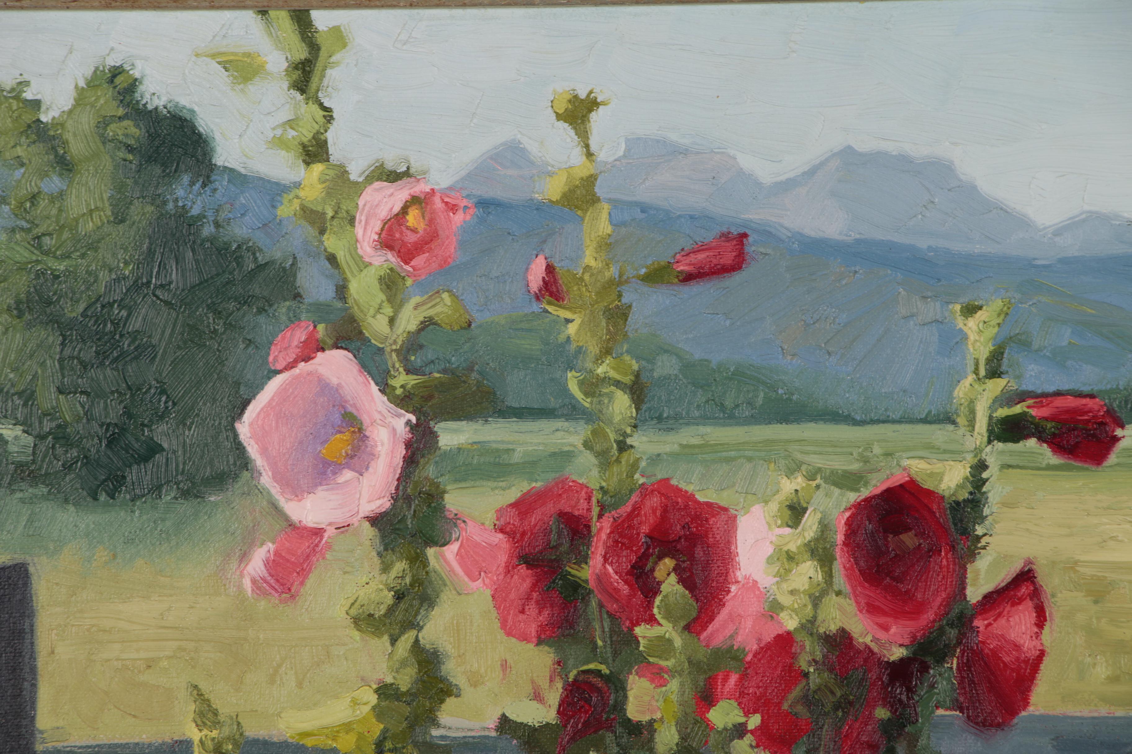 Shirley Novak Oil Painting "Hollyhocks by the Posture Gate"