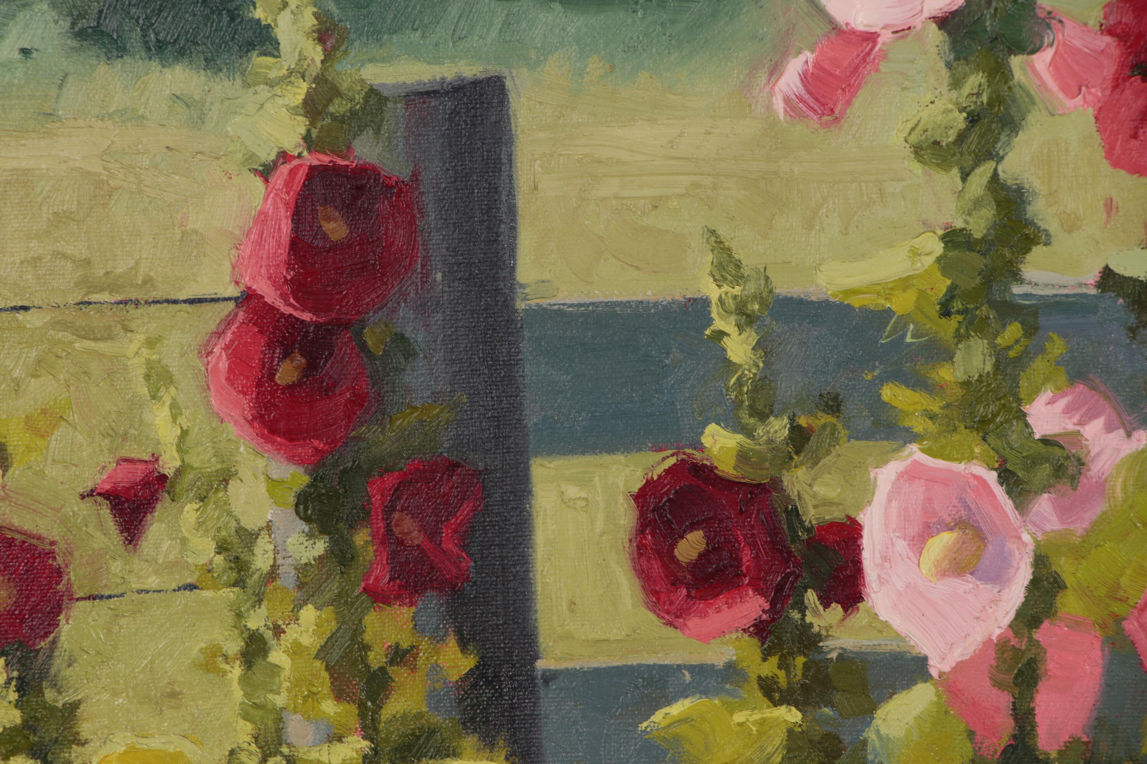 Shirley Novak Oil Painting "Hollyhocks by the Posture Gate"