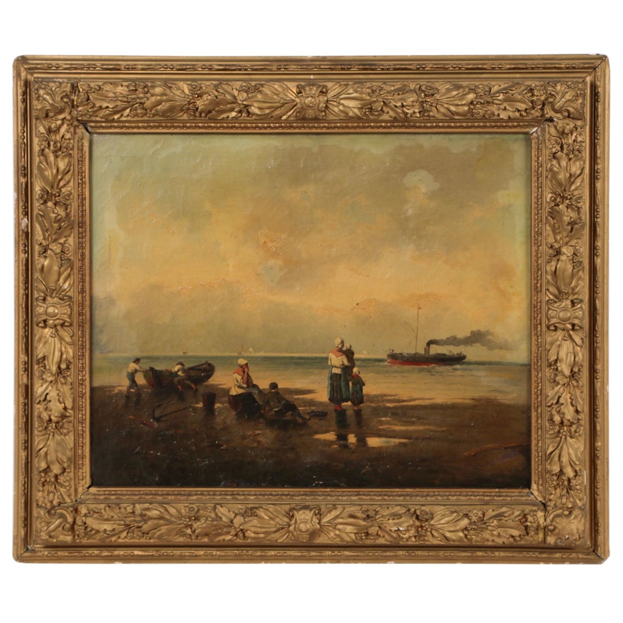 Beach Scene Oil Painting, Late 20th Century
