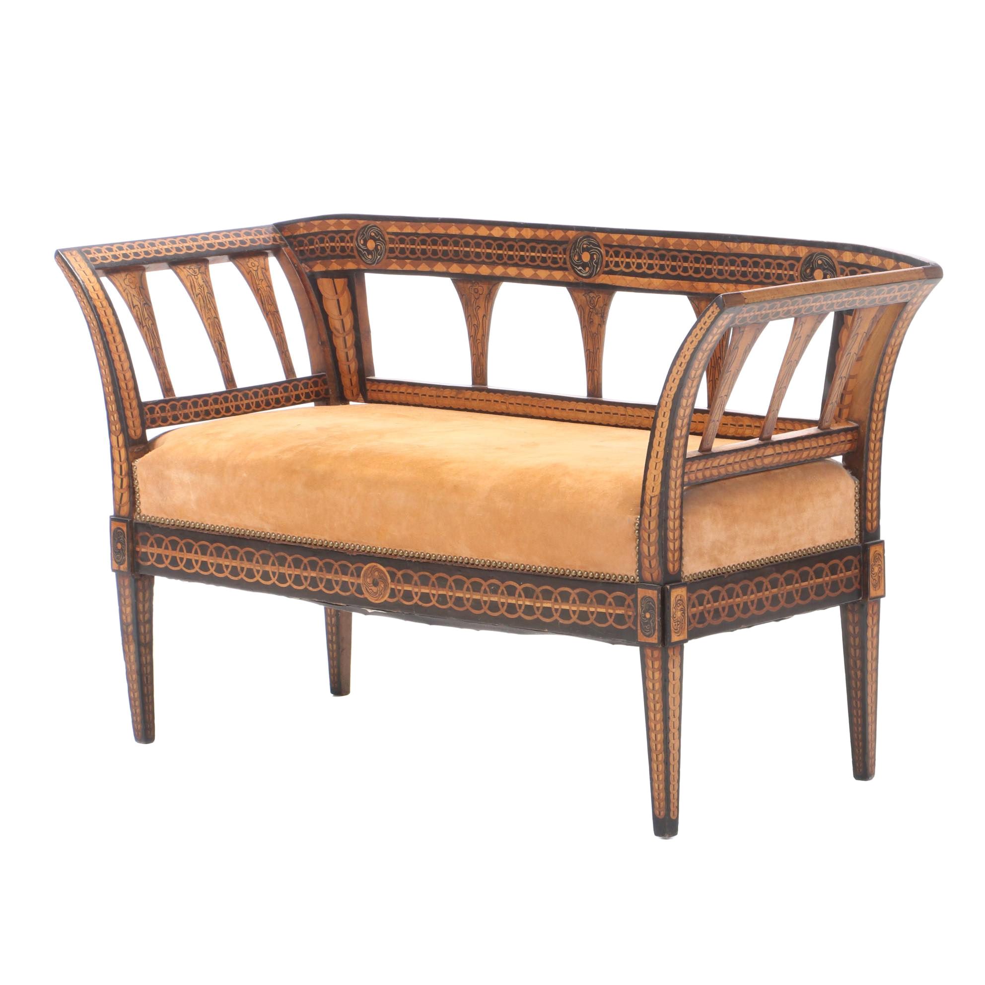 Biedermeier Inlaid Walnut And Penwork Settee, Mid 19th Century