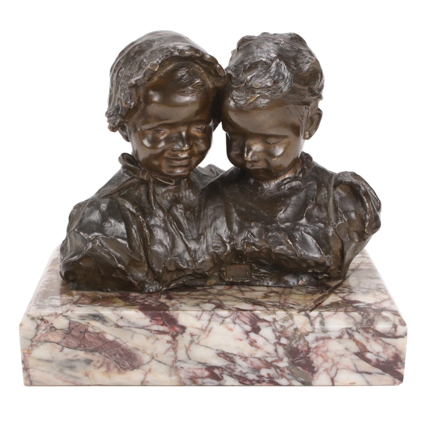 Giovanni De Martino Bronze Busts of Boy and Girl, Early 20th Century