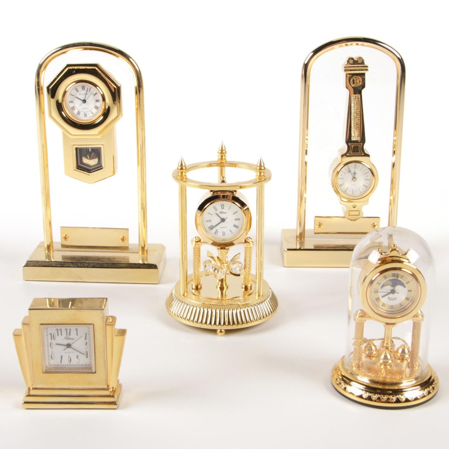 Bulova and Attuna Miniature Brass Tone Clocks, Late 20th Century