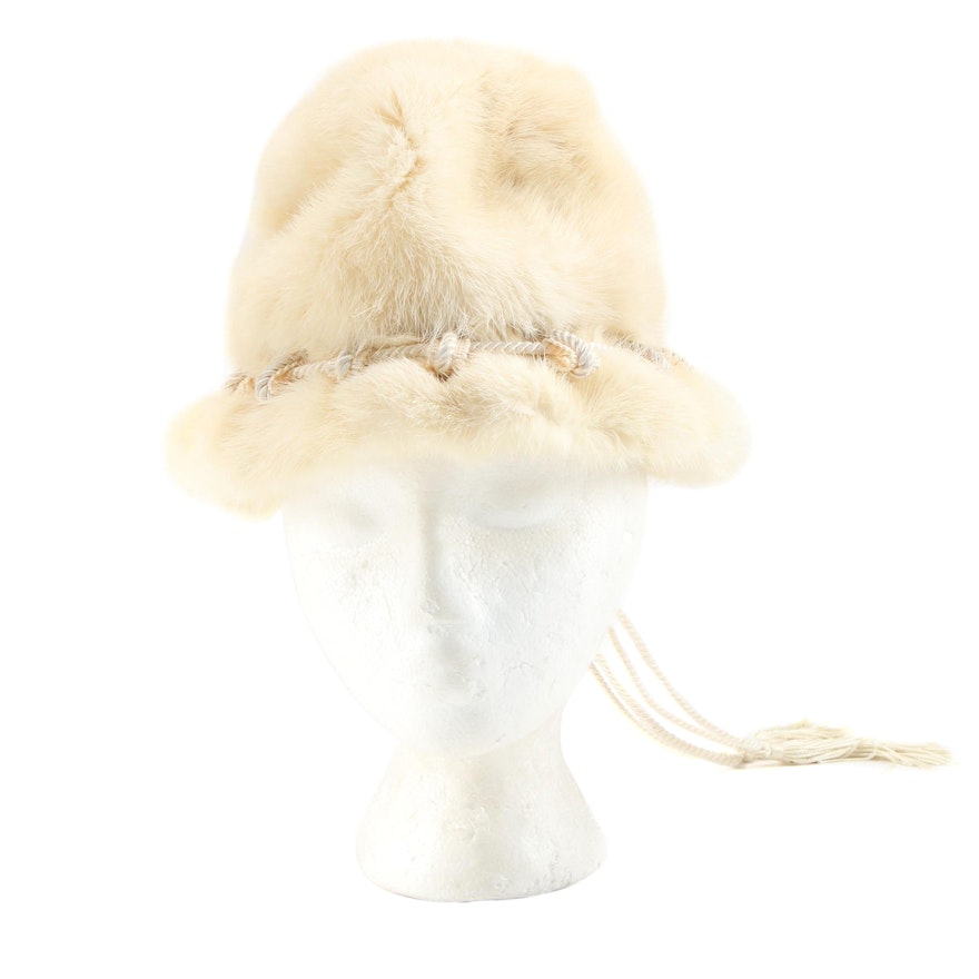 Sally Victor Mink Fur Cloche Hat with Drawstring Tassels, Vintage