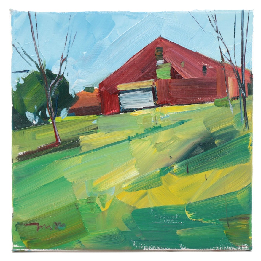 Jose Trujillo Landscape Oil Painting "The Red Barn House," 2019