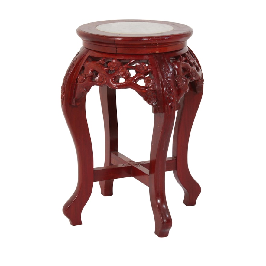 Southeast Asian Style Carved Rosewood-Stained Plant Stand with Marble Top