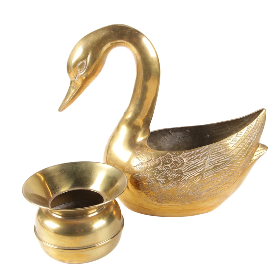 Etched Brass Swan Form Planter with Brass Spittoon