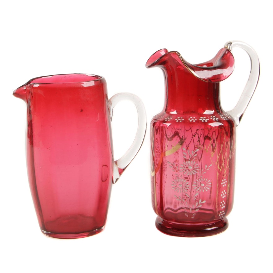 Hand-Painted Blown Glass Cranberry Pitchers