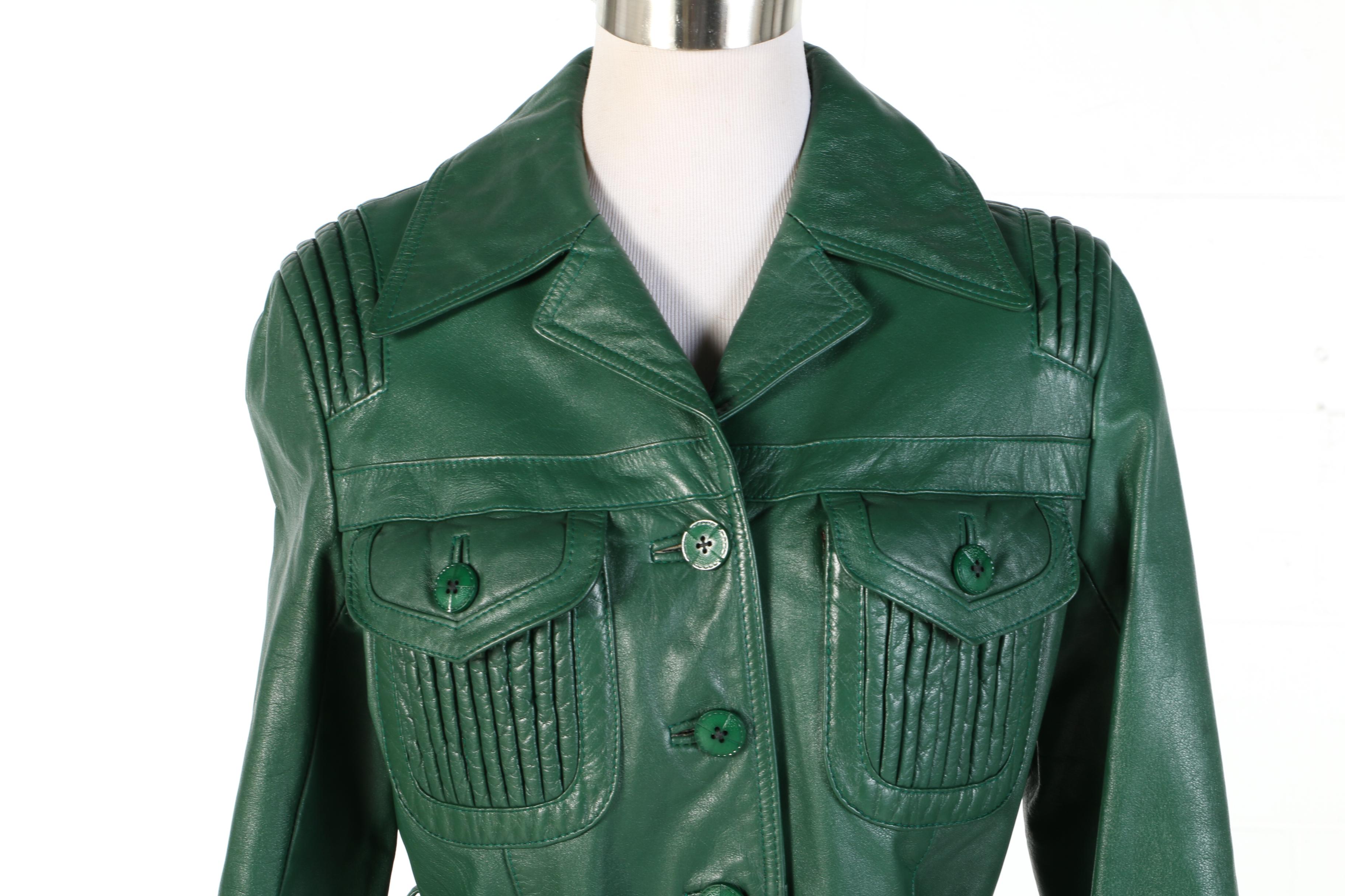 Country Pacer Custom-Ette Green Leather Coat for Lowenthal's, 1970s Vintage