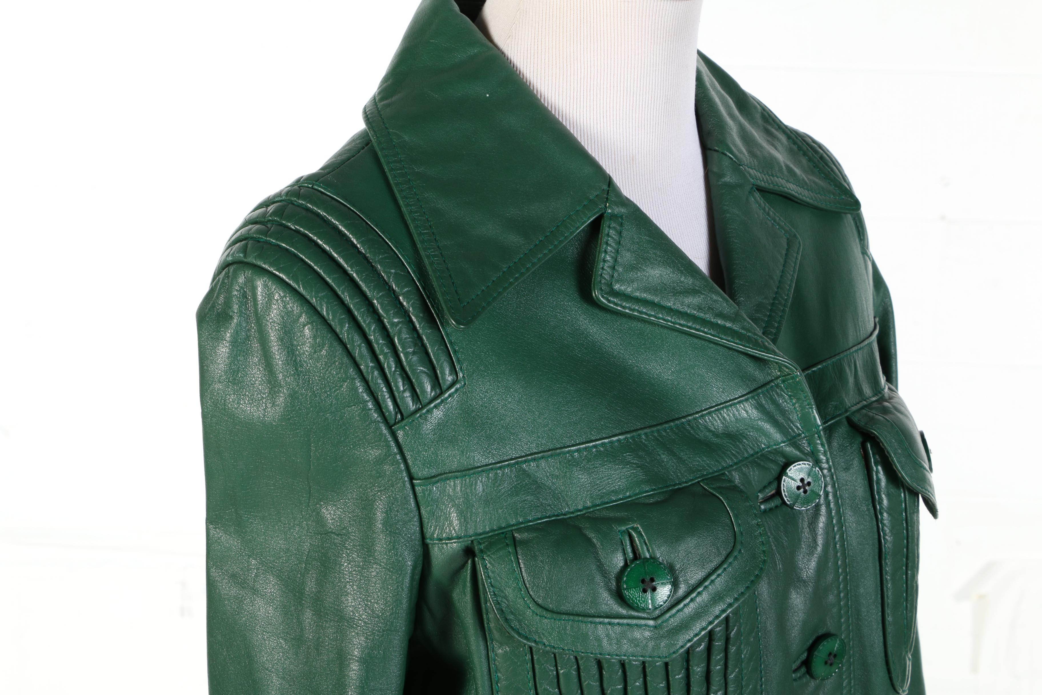 Country Pacer Custom-Ette Green Leather Coat for Lowenthal's, 1970s Vintage