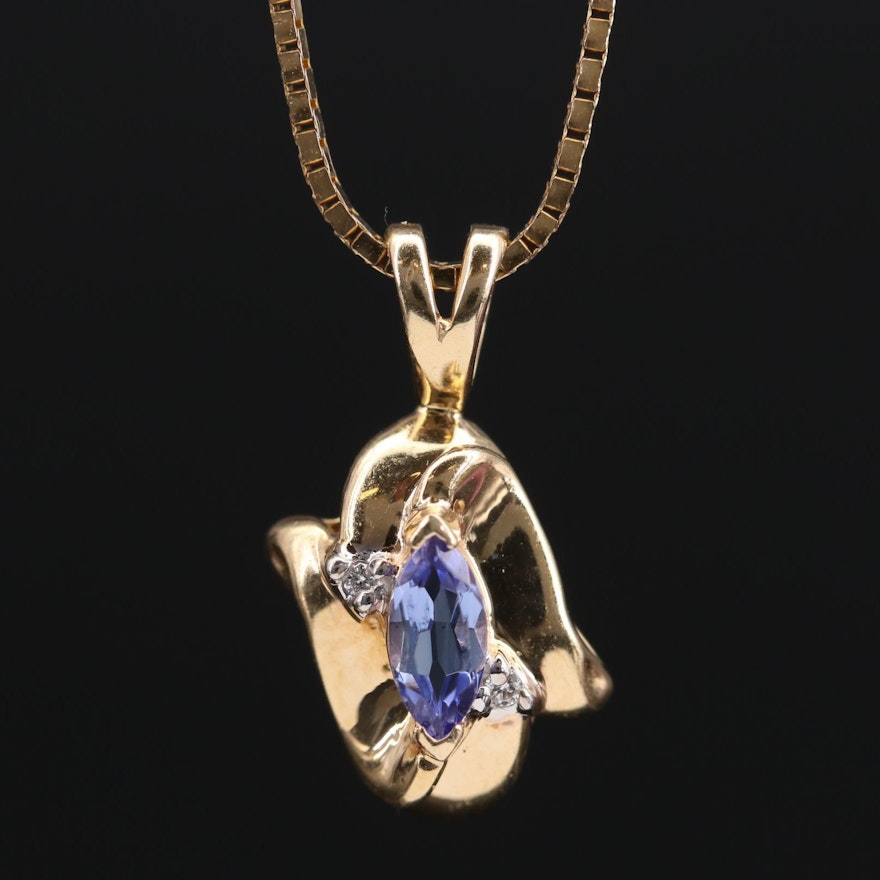 14K Yellow Gold Tanzanite and Diamond Pendant on Box Chain Necklace