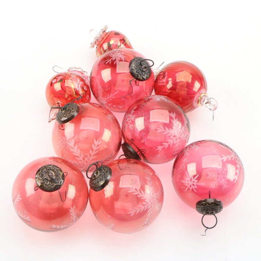 Hand Blown Gilt Cranberry Glass Christmas Ornaments