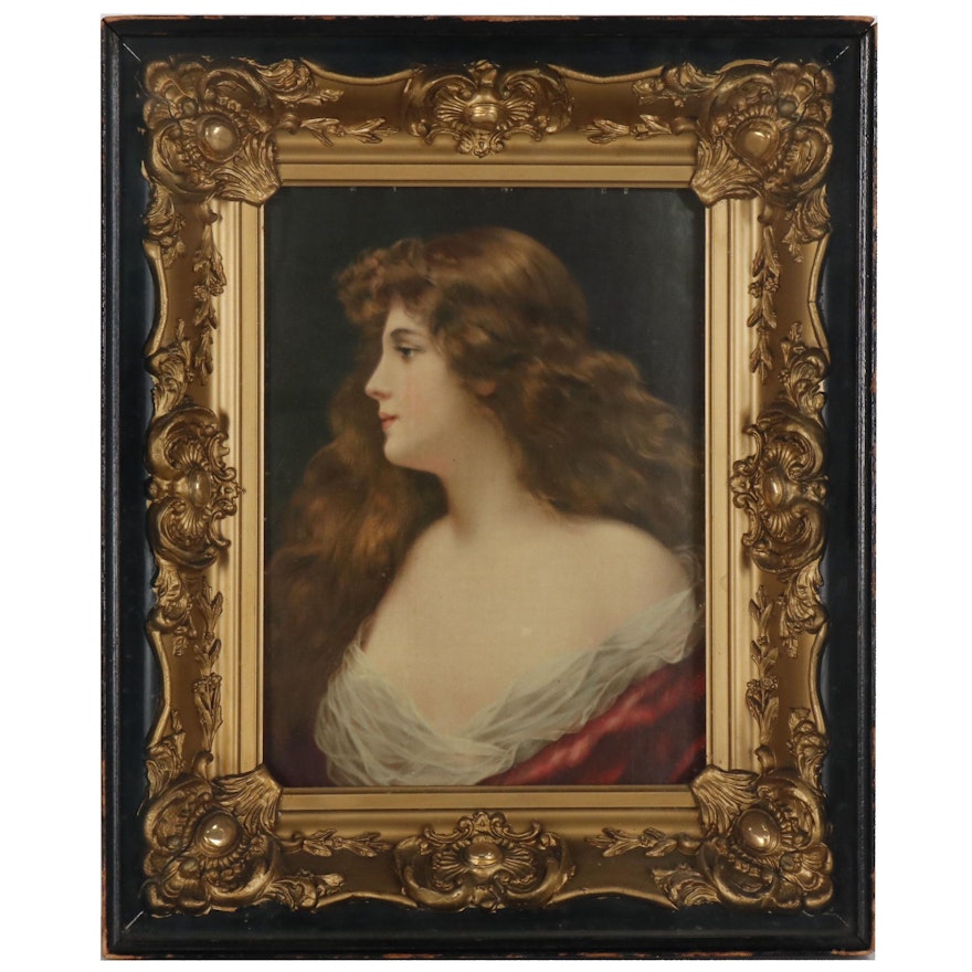Chromolithograph after Angelo Asti Portrait of Long-haired Woman