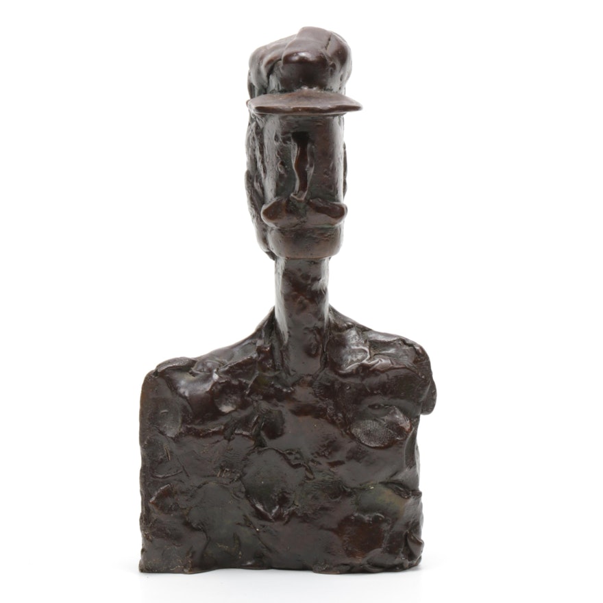 Cast Bronze Bust Sculpture of Man in Hat