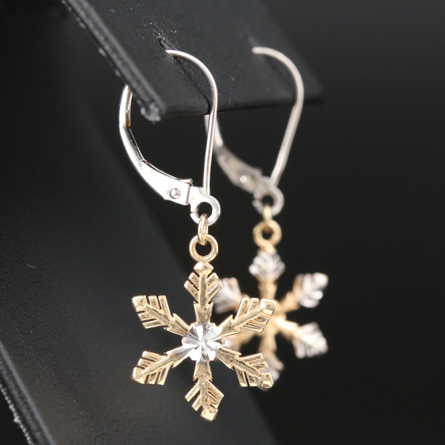 14K White and Yellow Gold Snowflake Earrings