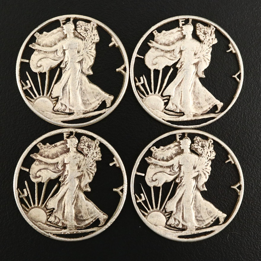 Four Altered Cut-Out Walking Liberty Silver Half Dollars