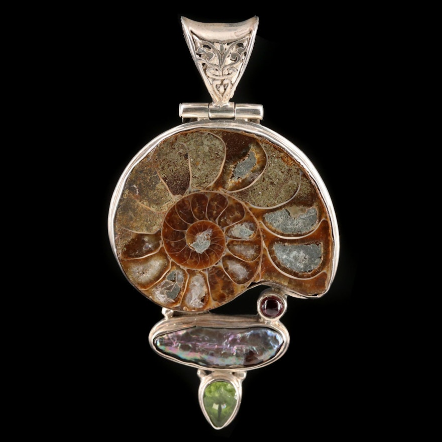 Sterling Silver Pearl, Ammonite, and Peridot Pendant