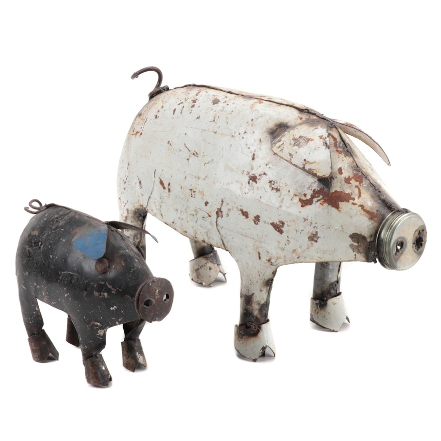 Mexican Folk Art Scrap Metal Pig and Piglet Sculptures