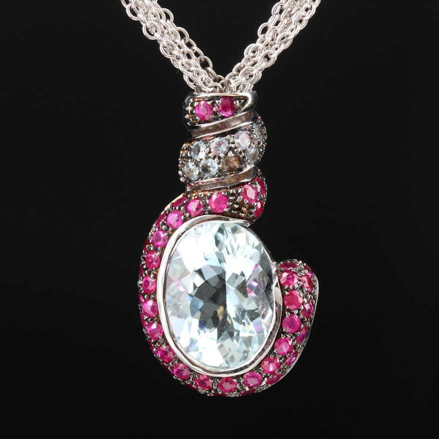 18K White Gold Aquamarine and Ruby Pendant Necklace with 8.20 CT Center Stone