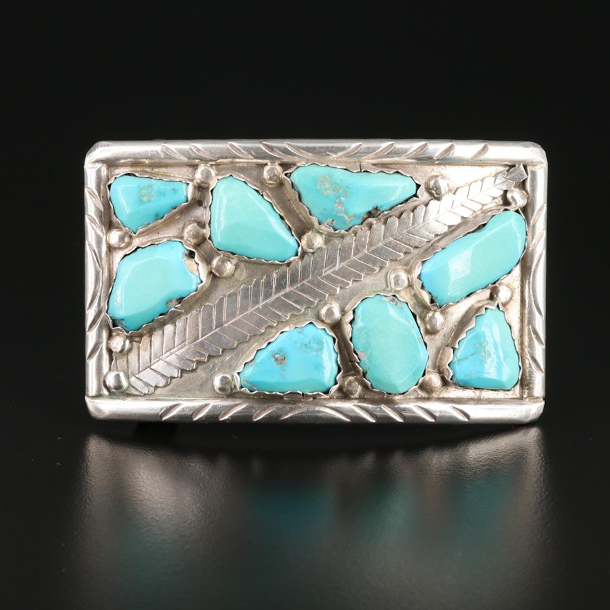 Signed Southwestern Style Sterling Silver Turquoise Belt Buckle