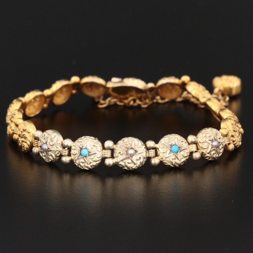 Victorian 14K Yellow Gold Seed Pearl and Turquoise Scrollwork Bracelet