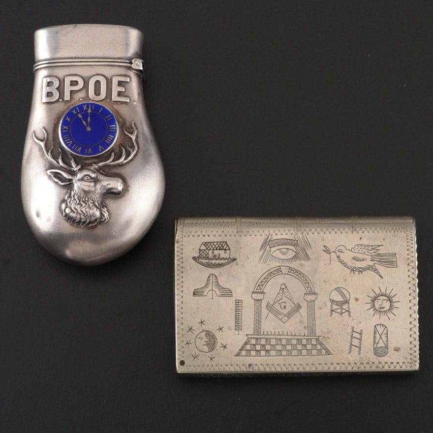 Sterling Order of the Elks Match Safe and Masonic Engraved Metal Match Safe