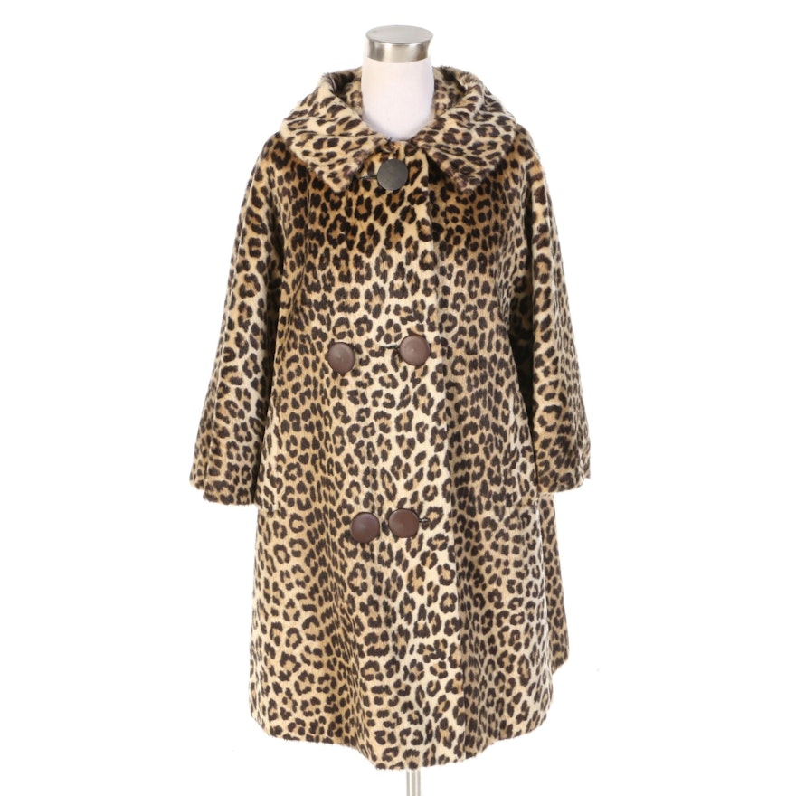 Faux Fur Leopard Print Swing Coat with Bracelet Sleeves, 1960s Vintage