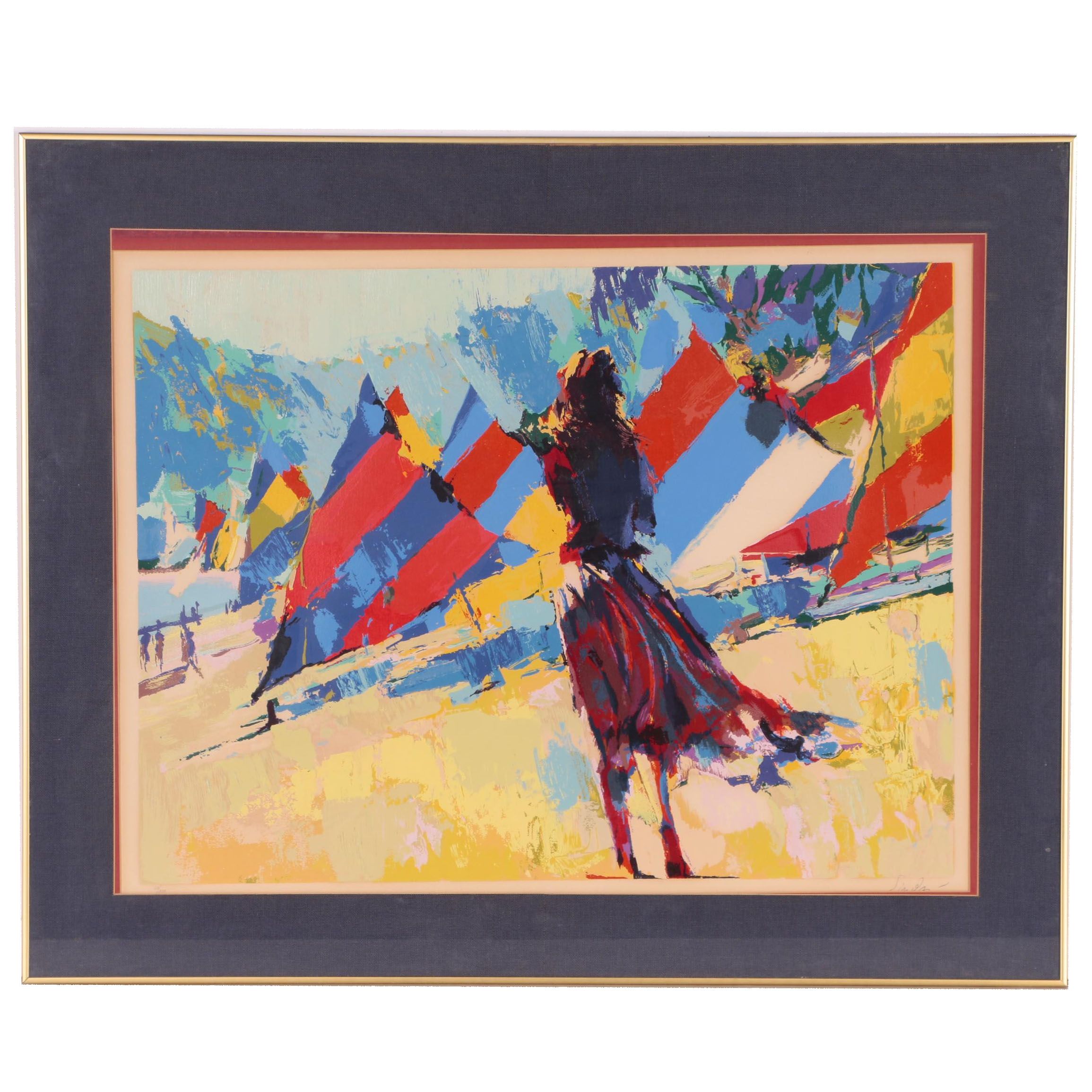 Nicola Simbari Serigraph of Beach Scene with Sailboats