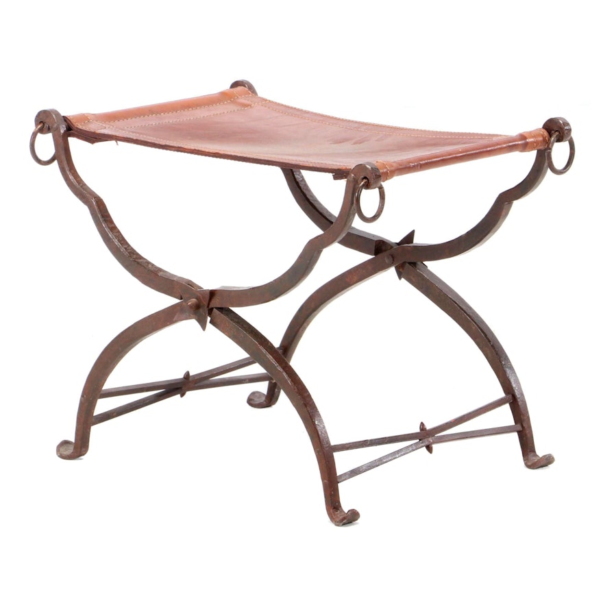 Antique Wrought Iron and Leather Curule Stool, 19th Century